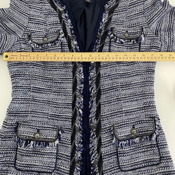 White House Black Market Blazer Women's 8 Blue White Tweed Fringe Chain Accents - Picture 5 of 10
